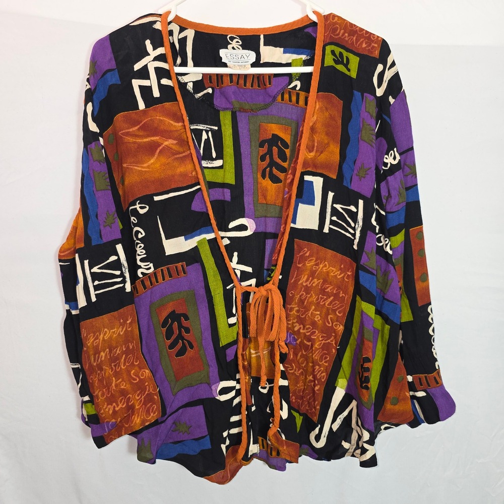 Vintage Essay by Sharon Anthony Abstract Print Tie Front Rayon Cardigan Top 8